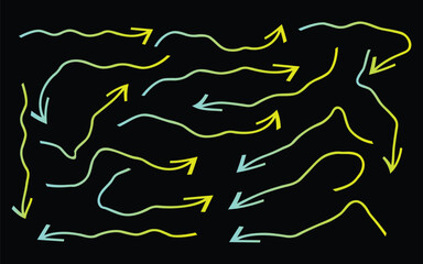 Wavy gradient arrows pointing in different directions on a black background