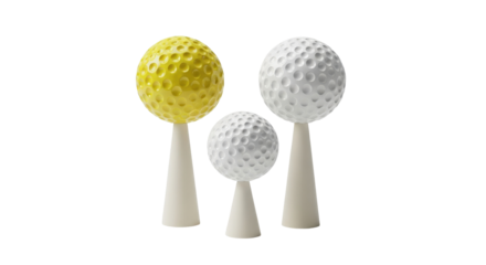 Three Decorative Golf Ball Sculptures in Yellow and White.