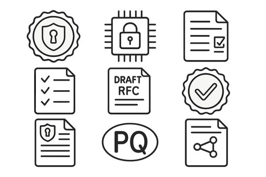 PQ Cryptography Icons. Line style icons of PQ cryptographic standards: NIST seal, crypto algorithm approval, standard doc icon,