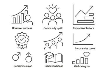 Microfinance Impact Icons. Line style icons of impact tracking in microfinance: borrower success graph, community uplift icon,