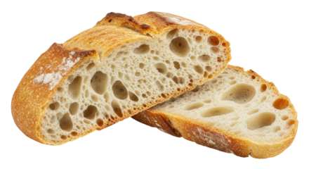 Two slices of sourdough bread isolated on transparent background, artisan loaf with open crumb for bakery and food concepts