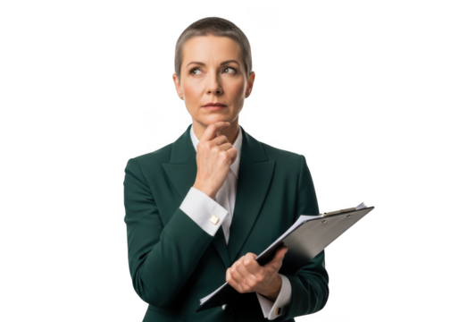 Pensive businesswoman in green suit holding clipboard looking upward, thoughtful decision making isolated on transparent background