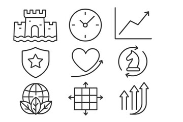 Sustainability Line Icons. Line style icons of long-term sustainability: strategic moat icon, market longevity clock, innovation