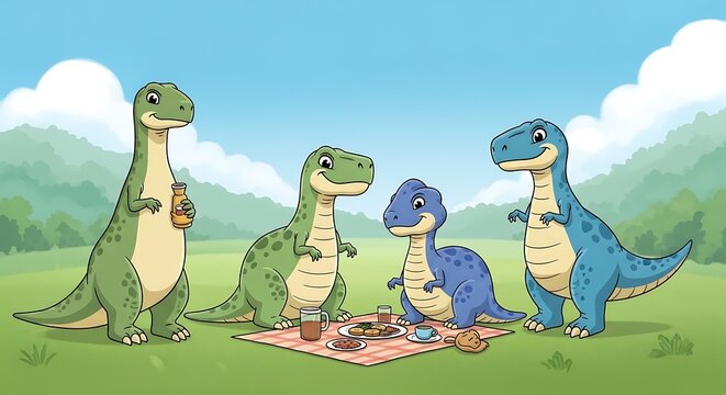 Cute cartoon dinosaurs having a picnic in a sunny meadow.