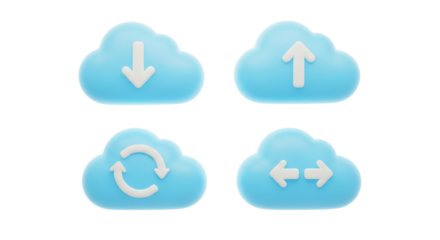 Set of 3D blue cloud computing icons for data transfer.