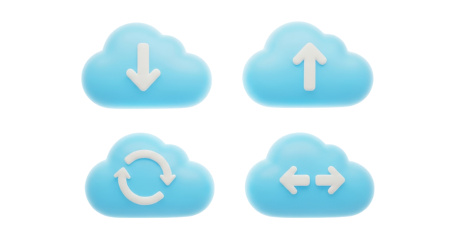 Set of 3D blue cloud computing icons for data transfer.