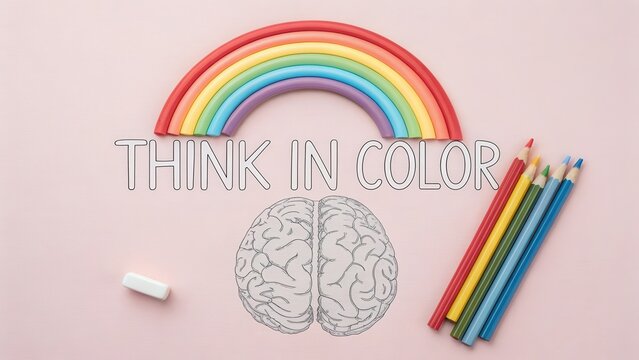 Rainbow arc and brain sketch overlay illustrating creative thinking