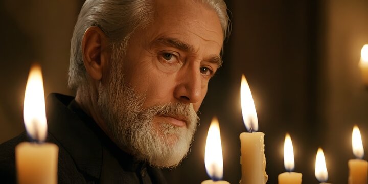 Close-up portrait of elderly man with silver hair and beard in warm candlelight, emotional and thoughtful