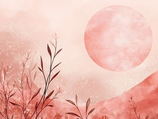 Minimalist landscape with full moon pink and floral meadow, watercolor style concept