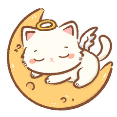 Kawaii white cat angel character cute chibi kitten with golden halo wings peacefully sleeping on crescent moon cartoon illustration for Valentines wedding stickers cards and crafts