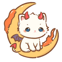 Kawaii white cat devil character cute chibi kitten with red horns bat wings and tail sitting on fiery crescent moon Halloween cartoon illustration for stickers cards and crafts