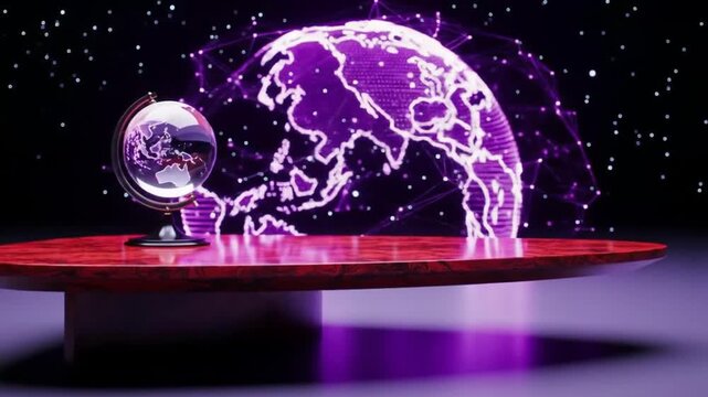 Digital globe displayed on table against sparkling dark backdrop