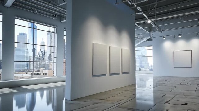 Bright, spacious gallery with polished floors, empty walls, and stunning city views through large windows creates an inviting atmosphere
