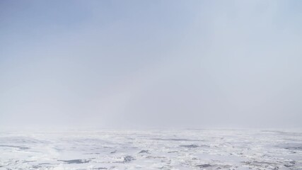 Expansive frozen seascape under a pale, hazy winter sky, with vast sheets of snow and fractured sea ice stretching to a soft horizon, evoking silence and polar serenity - Powered by Adobe