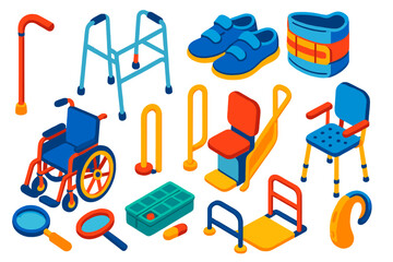Elderly Support Icons. Isometric vector illustration set Elderly support: walking cane, rollator walker, orthopedic shoes, support
