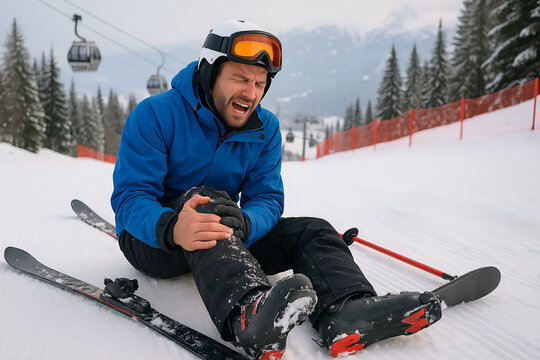 Injured male Skier man on Snowy Slope with pain in her knee 