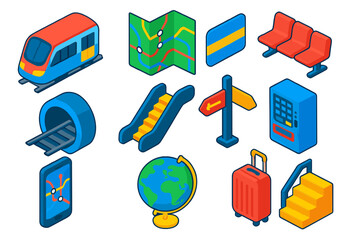 Metro Icon Set. Isometric vector illustration set Global metro icons: subway train, folded city map, ticket pass, platform seats,