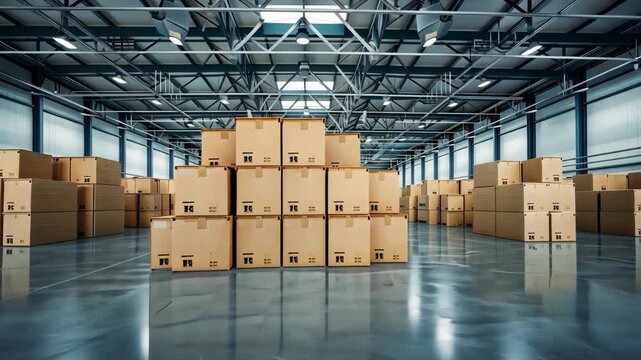 Large warehouse environment filled with stacks of cardboard boxes organized in a neat manner for efficient logistics and storage