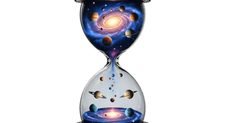 A cosmic hourglass filled with planets and a galaxy against a black background image view