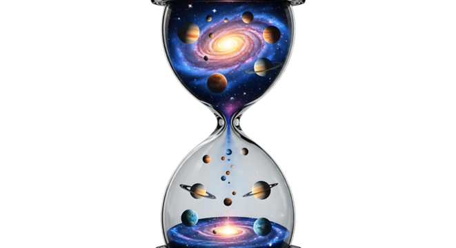 A cosmic hourglass filled with planets and a galaxy against a black background image view
