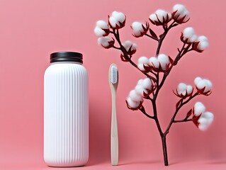 Minimalist dental care products with wooden toothbrush and cotton branch on pink background