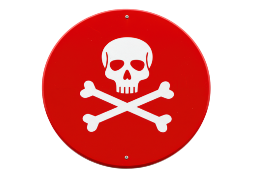 Isolated round red warning sign depicting skull and crossbones indicating danger or poison