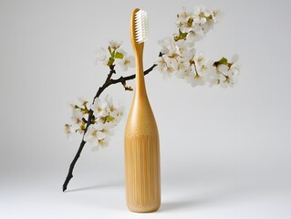 Eco friendly bamboo toothbrush with cherry blossoms on a clean background