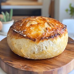 Close up of freshly baked crusty sourdough bread on the wooden cutting board, home cooking