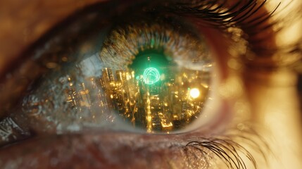 Human eye reflecting futuristic golden city, concept for virtual reality, innovation and future technology