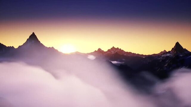 Golden sunrise emerges behind dramatic snow-capped mountain peaks as rolling clouds drift through a serene valley in a breathtaking cinematic landscape view