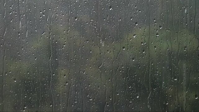 Footage of raindrops hitting window's glass during a heavy rain