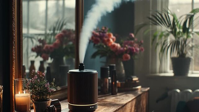 A device creating different scents in a room, a scene of a scent-scape diffuser and mindful-mirror.