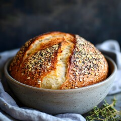 Artisanal seeded sourdough bread loaf in bowl with linen and herbs still life