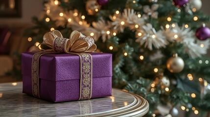 Holiday present wrapped in purple paper with ribbon.