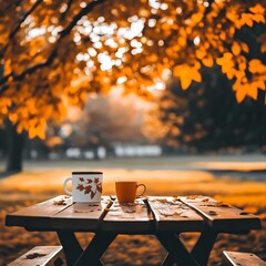 Autumn picnic with coffee mugs on wooden table in fall season park