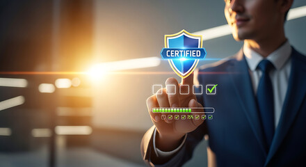 Businessman touching a certified secure shield with successful completion checkmarks and progress bar