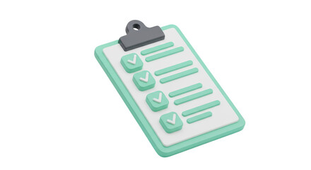 3D illustration of a completed checklist on a mint green clipboard.
