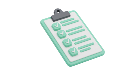3D illustration of a completed checklist on a mint green clipboard.