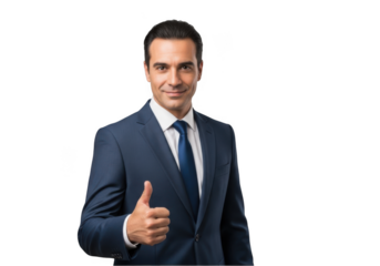 Successful businessman in suit giving thumbs up gesture, professional portrait, business concept, isolated on transparent background