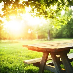 Wooden picnic table in sunlit meadow, idyllic summer scene, relaxing spot