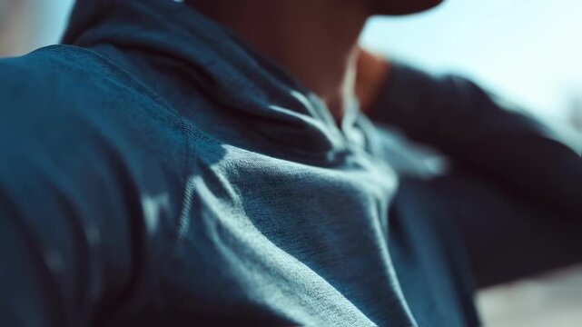 Close medium shot of stretchable casual wear on an individual capturing fabric elasticity in sharp focus while surroundings fade illustrating flexibility for active lifestyles.