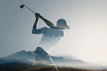 Double exposure of a golf swing merged with mountain landscape and clear blue sky, motivational golf ad style