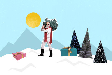 Trend artwork banner sketch 3D photo collage of old man walk nature part hold tree decor present...