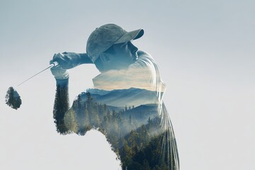 "Double exposure of a golf swing merged with mountain landscape and clear blue sky, motivational golf ad style