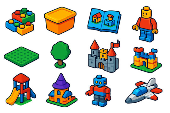 Creative Play Set. Isometric vector illustration set Creative Play: colorful bricks, storage box, instruction booklet, minifigure