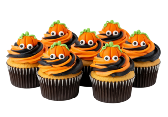 Spooky & Sweet: Group of Adorable Halloween Pumpkin Cupcakes with Googly Eyes and Orange Black Swirl Frosting, Isolated on White.