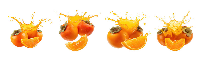 Four persimmon fruits with water splash isolated on transparent background fresh kaki fruit with water droplets healthy eating and dieting concept