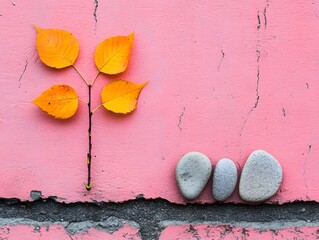 Autumn leaf branch and three stones against cracked pink wall textured background