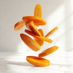 Flying carrot slices in motion on light background, fresh vegetable composition closeup