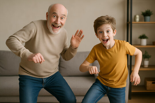 Grandpa and grandson spend time together, dancing funny and having fun
